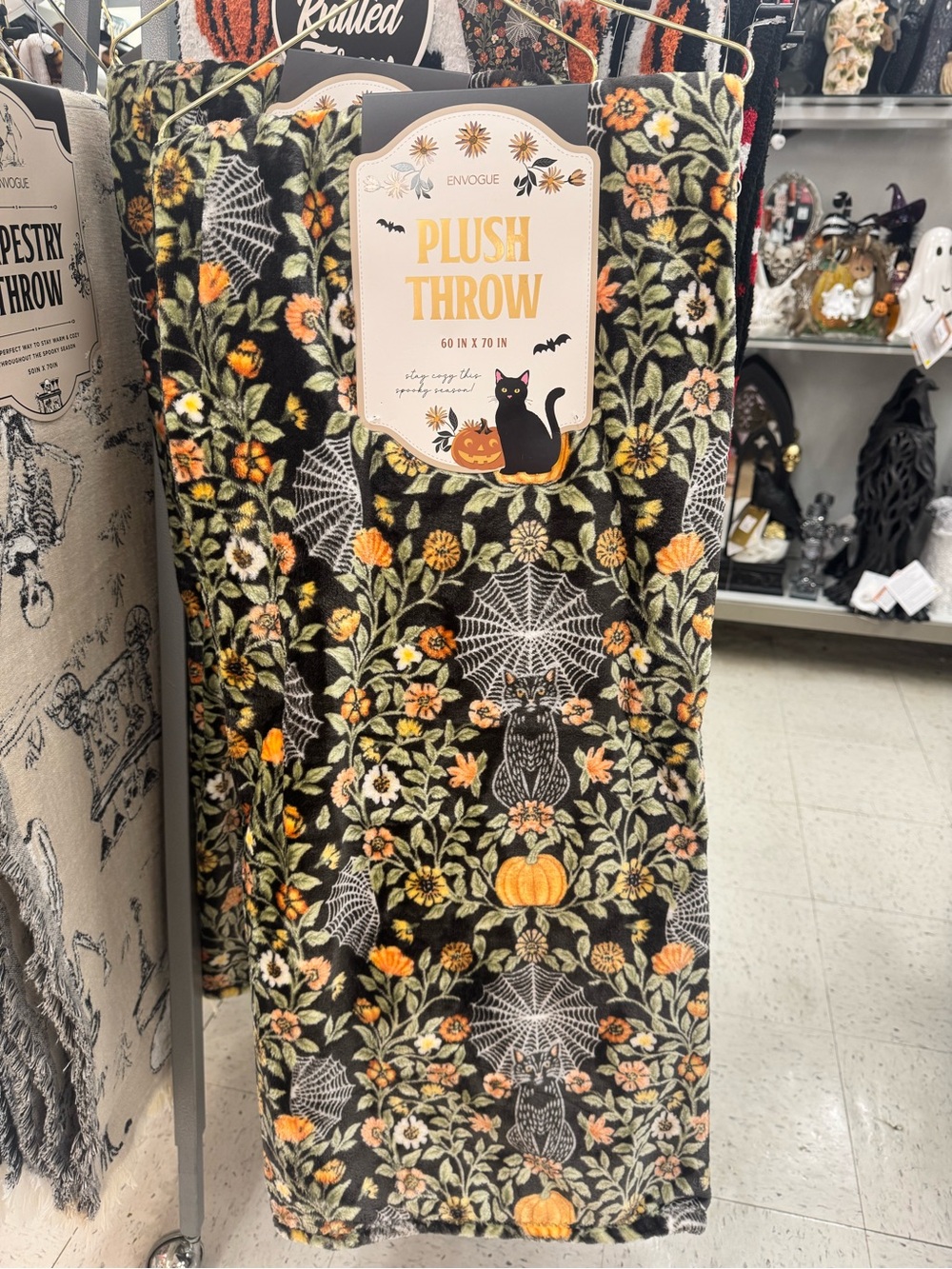 Plush Halloween Throw Blanket - Black with Orange & Green cat and spider webs